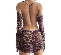 MIZSPISE Robe Femme Courte Sexy Dos Nu Robe de Soiree Imprimé Léopard Transparente Mini Robe Moulante Cocktail Lingerie Dress à Longues Manches Soirée Club Fête Rendez-Vous Vêtements