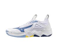 Mizuno Chaussures de volleyball Wave Momentum 3 unisexes pour adulte, Blanc - Bleu, 10.5 Wide Women/9 Men