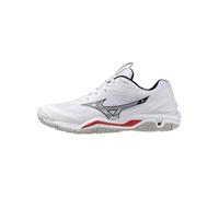 Mizuno Wave Stealth 6 Chaussures de handball homme blanc avec détails noirs et rouges, empeigne en cuir artificiel et maille, Blanc et rouge., 45 EU