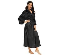 MizzGenio Blouse longue en soie pour femme - Longue robe de nuit légère en satin, Noir pur, L-XL