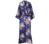 MizzGenio Robe de chambre longue en soie légère en satin pour femme, bleu marine, L/XL