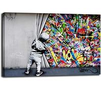 MJEDC Banksy Graffiti Toile Art Décor Behind the Curtain Graffiti Art Tableau Street Art Impression sur Toile Tableau Décoration murale salon moderne Avec Cadre (30x50cm(11.8x19.7inch))
