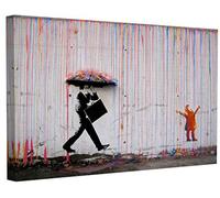 MJEDC Banksy Graffiti Toile Art Décor Kid Playing in Colorful Rain Tableau Street Art Impression sur Toile Tableau Décoration murale salon moderne Avec Cadre (60x100cm(23.6x39.4inch))