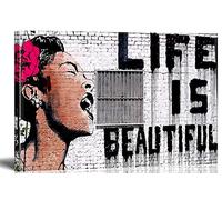 MJEDC Banksy Graffiti Toile Art Décor Life is Beautiful Tableau Street Art Impression sur Toile Tableau Décoration murale salon moderne Avec Cadre (30x50cm(11.8x19.7inch))