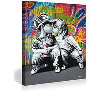 MJEDC Banksy Images sur toile Children Kissing Graffiti Street Art prête à l'emploi sur châssis Décoration murale XXL 30 x 40 cm
