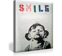 MJEDC Banksy Toile Tableau Cute Smile Girl Street Art Graffiti Toile Art Décor Impression sur Toile Tableau Décoration murale salon moderne Avec Cadre 30x50cm(11.8x19.7inch)
