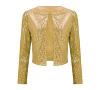MJGkhiy Boléro à paillettes pour femme, élégant Curvy Veste courte brillante pour femme, couvre-épaules ouvertes, manches longues, courtes, pour Nouvel An, soirée, cérémonie, cocktail, or, S
