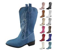 MJGkhiy Bottes Femmes Texans Hautes Western Bottes À Talons Camperos Bottes À Bouts Noirs Cowboy Bottes D'hiver Suède Bottines Cuir Bottes Confortable, bleu, 36 EU