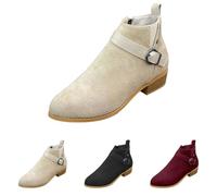 MJGkhiy Bottes Texani Femmes Basses Western Bottines en Suède d'hiver Chelsea Bottines à Talon Bloc Noir Bottines Cowboy Marron Camperos Botte avec fermeture éclair, beige, 43 EU