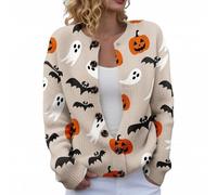 MJGkhiy Cardigan Femme Halloween Hiver Élégant Laine Manteau Pull avec Boutons Manches Longues Col Rond Pulls Ouvert Chauve-Souris Citrouille Sorcière Imprimer Veste Tricot Automne, Couleur