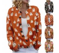 MJGkhiy Cardigan Femme Halloween Hiver Élégant Laine Manteau Pull avec Boutons Manches Longues Col Rond Pulls Ouvert Chauve-Souris Citrouille Sorcière Imprimer Veste Tricot Automne, Couleur