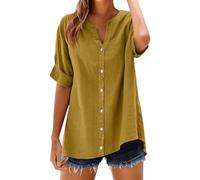 MJGkhiy Chemise en Lin Femme Coréenne d'Été Manches 3/4 Chemisiers Élégant Surdimensionné Blouse Top avec Bouton Down T-Shirt Long Coton Couleur Unie Chemisier Plage Légère Grande Taille T-shirts Mer