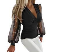 MJGkhiy Chemise Femme Élégant Paillettes Argent Manches Longues Tops Paillettes Or Cérémonie Tricot Curvy Col en V Blouse Grande Taille Brillant T-shirt Nouvel An Strass T Shirt Noël T-shirts, Noir ,