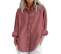 MJGkhiy Chemise Lin Femme Curvy Chemisiers Léger Coton Chemises à Boutons Manches Longues Été Blouses Tops Plage Vintage Blanc Chemisier Élégant Surdimensionné Grande Taille T-shirts Mer, Rose chaude