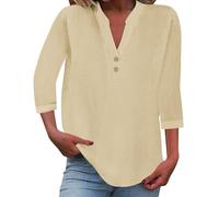 MJGkhiy Chemise Lin Femme Curvy Coton Chemisier Manches 3/4 Chemises avec Boutons Col En V Coréen Légère Couleur Unie Blouses Top Plage Vintage Blanc Chemisiers Élégant Été T-Shirt Mer, beige, X-Large