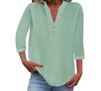 MJGkhiy Chemise Lin Femme Curvy Coton Chemisier Manches 3/4 Chemises avec Boutons Col En V Coréen Légère Couleur Unie Blouses Top Plage Vintage Blanc Chemisiers Élégant Été T-Shirt Mer, Vert menthe