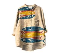 MJGkhiy Chemise Lin Femme D'été à Manches Longues Floral Chemisier Mer T-shirts Élégant Grande Taille Coton Tee-shirt Léger Col En V avec Boutons Blouses Tops Surdimensionnés Vintage Curvy Blouse