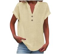MJGkhiy Chemise lin pour femme à manches courtes T-shirt d'été léger en coton coréen Chemisier avec boutons Henley Col en V Léger T Shirt Confortable Couleur Unie Blouse Respirant Blouses Top