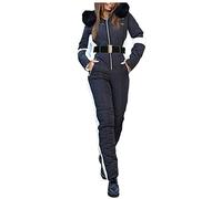 MJGkhiy Combinaison de ski pour femme, Coupe-vent, Décontractée, Hiver, Avec capuche, Chaud, Veste en peluche épaisse, Combinaison de neige une pièce, Noir , M