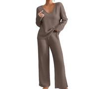 MJGkhiy Ensemble Complet de Survêtement pour Femme 2 Pièces Col en V Pull avec Pantalon Large Ensembles en Tricot Élégants Chauds Complets en Laine Automne Hiver Set Coordonné Vêtements pour la Maison