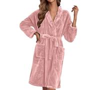 MJGkhiy Peignoir d'hiver pour femme en polaire courte avec poches et ceinture douce et chaude en flanelle, Rose clair, L