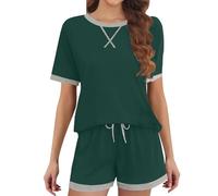 MJGkhiy Pyjama d'été court léger deux pièces T-shirt à manches courtes et short pyjama ensemble de nuit doux pantalon court confortable pyjama court, vert, XXL