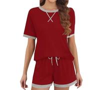 MJGkhiy Pyjama d'été court léger deux pièces T-shirt à manches courtes et short pyjama ensemble de nuit doux pantalon court confortable pyjama court, rouge, XXL