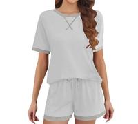 MJGkhiy Pyjama d'été court léger deux pièces T-shirt à manches courtes et short pyjama ensemble de nuit doux pantalon court confortable pyjama court, Blanc, M