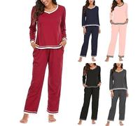 MJGkhiy Pyjama d'hiver élégant en coton à manches longues col en V et pantalon long pyjama deux pièces automne confortable nuit douce légère longue pajamas de la maison, rouge, S