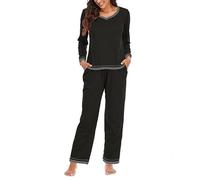 MJGkhiy Pyjama d'hiver élégant en coton à manches longues col en V et pantalon long pyjama deux pièces automne confortable nuit douce légère longue pajamas de la maison, Noir , M