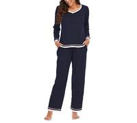 MJGkhiy Pyjama d'hiver élégant en coton à manches longues col en V et pantalon long pyjama deux pièces automne confortable nuit douce légère longue pajamas de la maison, De la marine, XXL