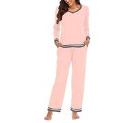 MJGkhiy Pyjama d'hiver élégant en coton à manches longues col en V et pantalon long pyjama deux pièces automne confortable nuit douce légère longue pajamas de la maison, rose, XL