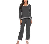 MJGkhiy Pyjama d'hiver élégant en coton à manches longues col en V et pantalon long pyjama deux pièces automne confortable nuit douce légère longue pajamas de la maison, gris, M