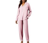 MJGkhiy Pyjama Femme Coton Hiver Élégant Ouvert Avant Chemise Avec Boutons Et Pantalon Long Pyjama Deux Pièces Doux Confortable Manches Longues Pajamas Maison Automne Léger Long Ensemble De Nuit, Rose