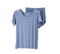 MJGkhiy Pyjama Femme d'Été Léger Deux Pièces T Shirt Manches Courtes et Shorts Pyjama Ensemble de Nuit Confortable Doux Pantalon Court d'Été Pyjamas Courts, bleu, L