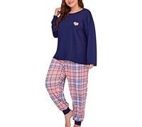 MJGkhiy Pyjama Femme Hiver Grande Taille Deux Pièces T-shirt À Manches Longues Et Pantalon Homewear Léger Vêtements de Nuit Ensembles De Pyjama Long Sleepwear Pour Tout Automne Et Hiver, Marina, 5XL