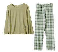 MJGkhiy Pyjama pour femme d'automne élégant en coton à manches longues T-shirt et pantalon long à carreaux Pajamas à la maison doux confortable ensemble de nuit léger long pyjama deux pièces, vert, M