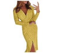 MJGkhiy Robe Femme Élégante de Réveillon Sexy Manches Longues/Courtes Robes pour Fête Décontractée Robes à Paillettes Taille Haute Robe de Soirée Midi Robe Automne Et Hiver Robe de Noël, or, XXXL