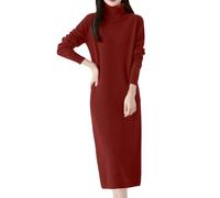 MJGkhiy Robe Femme Tricot Laine Élégant Long Vêtements Pull D'hiver Col Haut Travaillé Robes Pulls Curvy Élastique Manches Longues Robe Chandail, Brique rouge, XXL