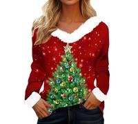 MJGkhiy Sweat de Noël pour femmes Pulls de Noël Famille 2025 Élégant Noël T-shirts à col en V Velours Hiver Rouge Tricot Père Noël Sweats Sans Capuche De Noël Pulls Tops, Noël a12, S