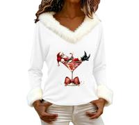 MJGkhiy Sweat-shirt de Noël pour femme Curvy Pullover Top Hiver Rouge de Noël Sweats à Capuche Élégant Col en V Velours Père Noël T-shirts Chandails de Noël Famille 2025, Blanc, S