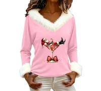 MJGkhiy Sweat-shirt de Noël pour femme Curvy Pullover Top Hiver Rouge de Noël Sweats à Capuche Élégant Col en V Velours Père Noël T-shirts Chandails de Noël Famille 2025, rose, L