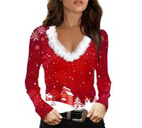 MJGkhiy Sweat-shirt de Noël pour femme élégant de Noël T-shirts à col en V Velours d'hiver Pulls de Noël Famille 2025 Tricot Rouge Père Noël Sweats Sans Capuche De Noël Pulls Tops, Noël a10, XXL