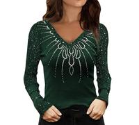 MJGkhiy Top Élégant pour Femme avec Paillettes Argentées Col en V Strass pour le Nouvel An T-Shirt pour Femmes en Tailles Fortes Manches Longues T-Shirt Grande Taille Brillantins Maille Noël Glitter