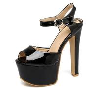 MJIASIAWA 16CM High Sandales Femme Cuir Verni Plateforme Sandals Bout Ouvert Discothèque Pole Dance Bride Cheville Block Noir Taille 42 EU/44 Asiatique