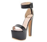MJIASIAWA 16CM High Sandales Femme Cuir Verni Plateforme Sandals Bout Ouvert Discothèque Pole Dance Bride Cheville Block Noir Taille 43 EU/45 Asiatique