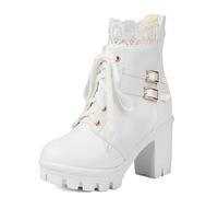 MJIASIAWA Femme Lacets Mode Chunky Plateforme Combat Bottes de Cheville Bout Rond Mariage Elegant Bowknot Military Bottines Zip Blanc Taille 36 EU