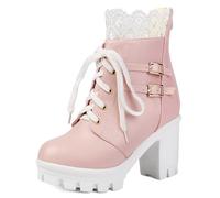 MJIASIAWA Femme Lacets Mode Chunky Plateforme Combat Bottes de Cheville Bout Rond Mariage Elegant Bowknot Military Bottines Zip Rose Taille 39 EU/40 Asiatique