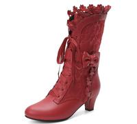 MJIASIAWA Femme Mi-Mollet Lovely Lolita Lacets Talon de Chaton Bottes Bowknot Bout Rond Confort Prom Hiver Warm Bottines Rouge/Rl Taille 36 EU