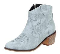 MJIASIAWA Femmes Classique Ankle Cowboy Chelsea Bloc Fermeture Éclair Western Embroiderouge Boots Chunky Décontractée Hiver Comfy Boots Bleu Taille 40.5 EU/42 Asiatique
